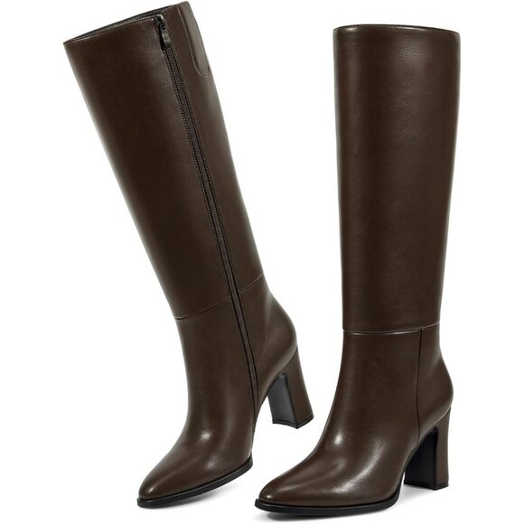 Women’s Brown 1 Knee High Chunky Block Heel Square Toe Side Zipper Tall Boots